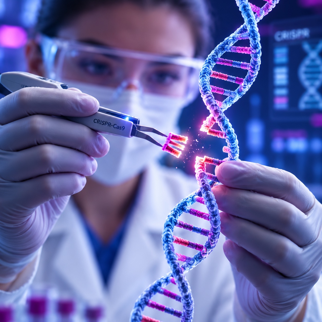 Illustration of CRISPR-Cas9 editing a DNA double helix